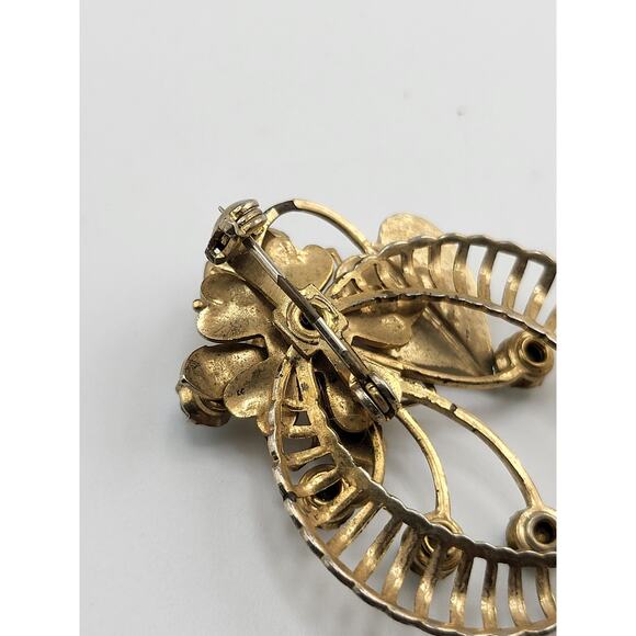 Vintage Blue Rhinestone Flower Heart Brooch Gold Tone Mid Century - Picture 5 of 6